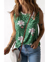 Green Crew Neck Floral Leopard Print Tank Top - 2XL
