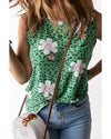 Green Crew Neck Floral Leopard Print Tank Top - L