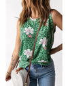 Green Crew Neck Floral Leopard Print Tank Top - XL