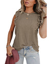 Khaki Striped Crew Neck Ruffled Tank Top - 2XL