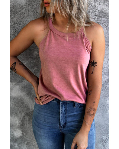 Pink Solid Color Crew Neck Tank Top - M