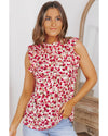 Red Floral Print Ruffled Mock Neck Sleeveless Top - L