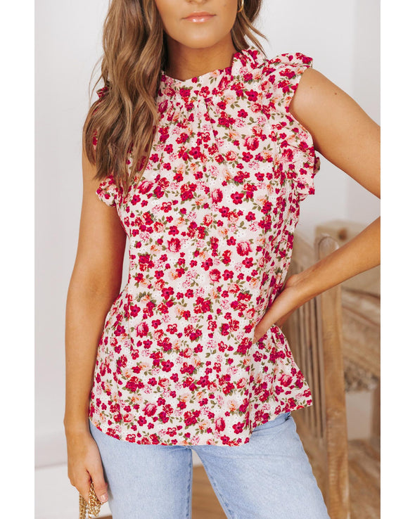 Red Floral Print Ruffled Mock Neck Sleeveless Top - M