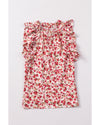 Red Floral Print Ruffled Mock Neck Sleeveless Top - M
