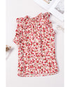 Red Floral Print Ruffled Mock Neck Sleeveless Top - S