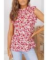 Red Floral Print Ruffled Mock Neck Sleeveless Top - XL