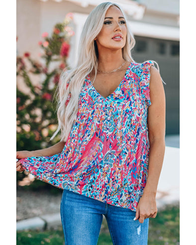 Boho Pattern Print Flounce V Neck Tank Top - L