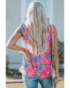 Rose Red Boho Pattern Print Flounce V Neck Tank Top - L