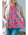 Rose Red Boho Pattern Print Flounce V Neck Tank Top - L