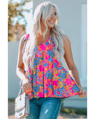 Rose Red Boho Pattern Print Flounce V Neck Tank Top - M