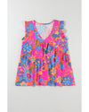 Rose Red Boho Pattern Print Flounce V Neck Tank Top - M