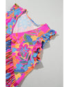 Rose Red Boho Pattern Print Flounce V Neck Tank Top - M