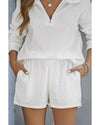 White Ribbed Zipper Sweatshirt and High Waist Shorts Set - M