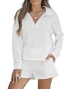 White Ribbed Zipper Sweatshirt and High Waist Shorts Set - M