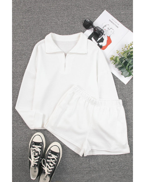White Ribbed Zipper Sweatshirt and High Waist Shorts Set - XL