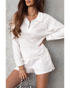White Ribbed Zipper Sweatshirt and High Waist Shorts Set - XL