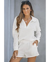 White Ribbed Zipper Sweatshirt and High Waist Shorts Set - XL