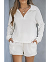 White Ribbed Zipper Sweatshirt and High Waist Shorts Set - XL