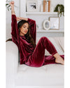 Fiery Red Solid Velvet Two Piece Lounge Set - XL