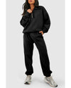 Black Plain Half Zip V Neck Ribbed Edge Loose Tracksuit - 2XL