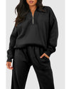 Black Plain Half Zip V Neck Ribbed Edge Loose Tracksuit - 2XL