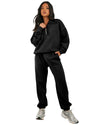 Black Plain Half Zip V Neck Ribbed Edge Loose Tracksuit - 2XL