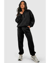 Black Plain Half Zip V Neck Ribbed Edge Loose Tracksuit - XL