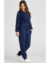 Navy Blue Ribbed Knit Cropped Hoodie and Drawstring Joggers Set - L
