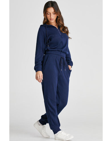 Navy Blue Ribbed Knit Cropped Hoodie and Drawstring Joggers Set - L