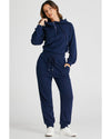 Navy Blue Ribbed Knit Cropped Hoodie and Drawstring Joggers Set - L
