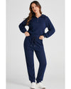 Navy Blue Ribbed Knit Cropped Hoodie and Drawstring Joggers Set - L