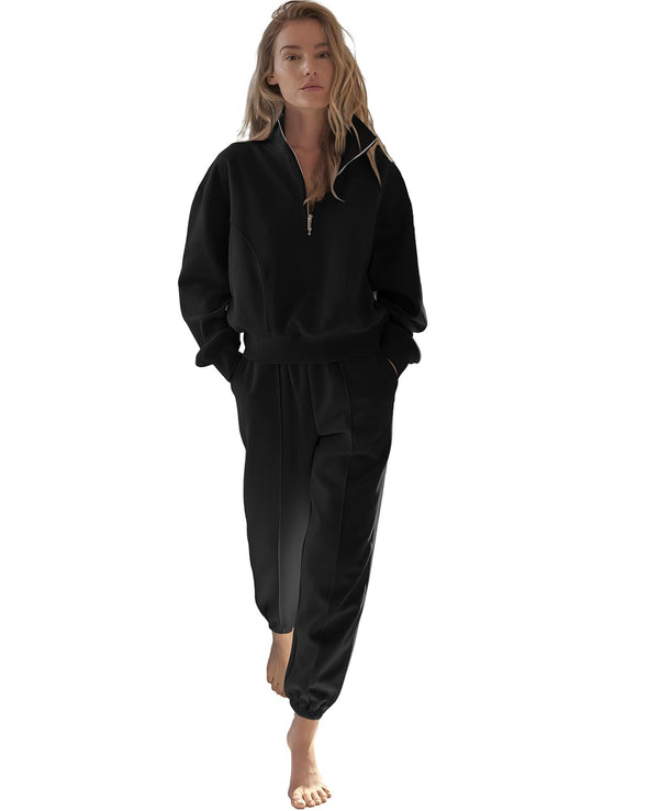 Black Half Zip up Pullover Active Top and Joggers Set - 2XL