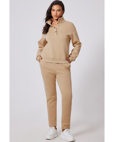 Parchment Solid Half Button Sweatshirt and High Waist Sweatpants Set - XL