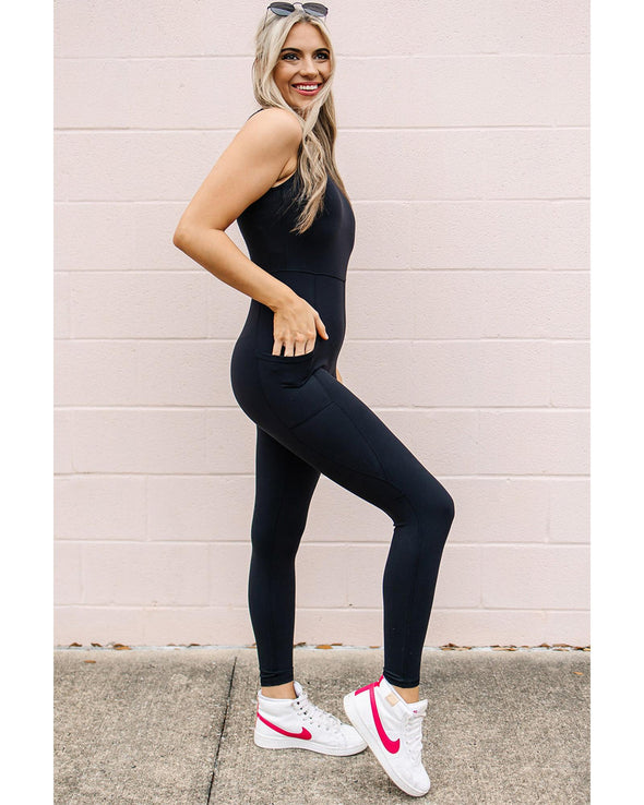 Black High Waist Backless Side Pockets Sports Jumpsuit - L
