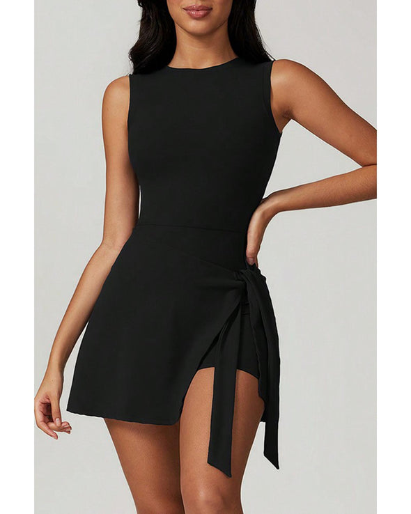Black Sleeveless Knot Skirt Hem Sports Romper - L