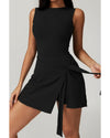 Black Sleeveless Knot Skirt Hem Sports Romper - L