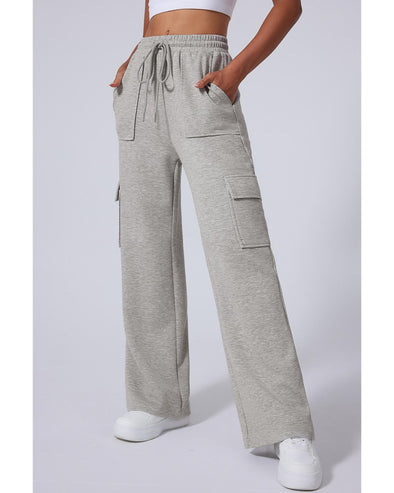 Light Grey Multi Pockets Lace-up High Waist Wide Leg Workout Pants - M