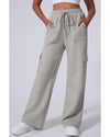 Light Grey Multi Pockets Lace-up High Waist Wide Leg Workout Pants - XL