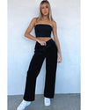 Black Solid Drawstring Waist Wide Leg Pants - S