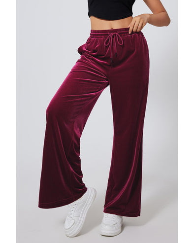 Burgundy Solid Drawstring Waist Wide Leg Pants - L