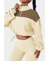 Beige Color Block Drawstring Cropped Athleisure Jacket - 2XL
