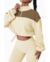 Beige Color Block Drawstring Cropped Athleisure Jacket - 2XL