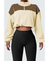 Beige Color Block Drawstring Cropped Athleisure Jacket - 2XL