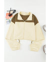 Beige Color Block Drawstring Cropped Athleisure Jacket - L