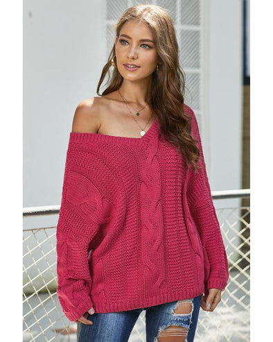 Rose Bubblegum V-Neck Braided Knit Sweater - XL