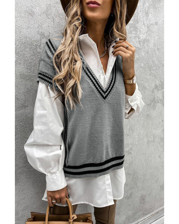 Azura Exchange Gray V Neck Contrast Stripes Trims Short Sleeve Sweater - 2XL