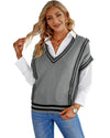Azura Exchange Gray V Neck Contrast Stripes Trims Short Sleeve Sweater - 2XL