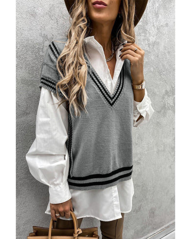 Azura Exchange Gray V Neck Contrast Stripes Trims Short Sleeve Sweater - M