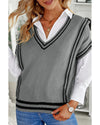 Azura Exchange Gray V Neck Contrast Stripes Trims Short Sleeve Sweater - M