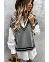 Azura Exchange Gray V Neck Contrast Stripes Trims Short Sleeve Sweater - M